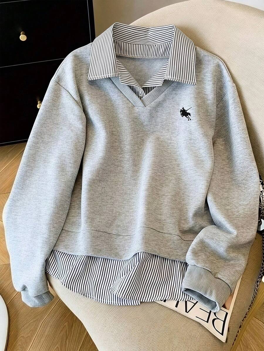 青少年女孩條紋領馬匹圖案假兩件式運動衫,校園日常穿搭 - 灰色 - 查看 1