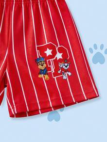 SHEIN | PAW Patrol 小男孩圓領拼色條紋字母卡通印花T恤與短褲休閒日常套裝 - 紅色 - 查看 8