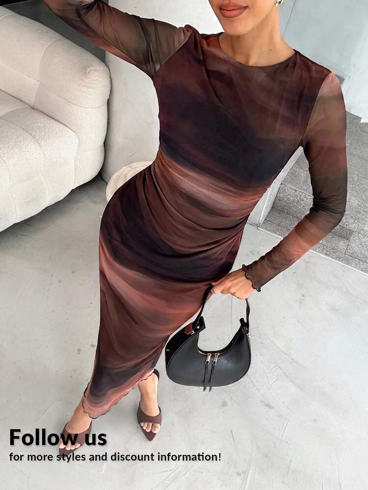 brown tie dye dress long sleeve Lavishia Women's Elegant Streetwear Ruched Tie-Dye Print Dress, Tie-Dye Dress, Dress, Long Sleeve Fitted Autumn Sir the Label Alessia 2021 spring Color:Black White This long chiffon viscose