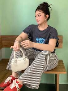 Dazy Plus Pantalones de pierna ancha sueltos con cintura elástica y bolsillos, talla grande, versátiles para primavera y verano - Blanco y Negro - Ver 4