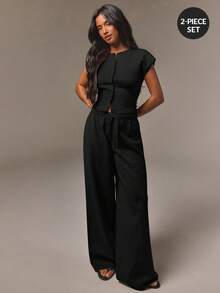 Athîral Women's Versatile Button Knit Top And Drawstring Waist Knit Pants 2 Pieces Set, Airport Casual Commute - Black - View 3