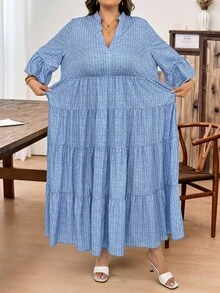SHEIN CURVE+ 休閒優雅波希米亞風簡約藍白大尺碼洋裝 22W 度假商務款 2026 夏季秋冬 早午餐早晨穿搭 - 藍色 - 查看 5