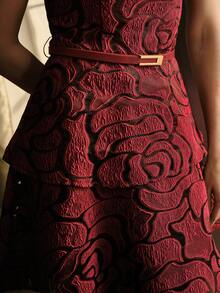 MOTF PREMIUM FASHIONABLE ELEGANT CINCHED WAIST A-LINE ROSE JACQUARD WOMEN'S DRESS - Burgundy - View 2