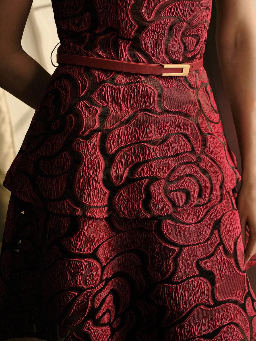 MOTF PREMIUM FASHIONABLE ELEGANT CINCHED WAIST A-LINE ROSE JACQUARD WOMEN'S DRESS - Burgundy - View 2