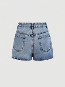 SHEIN MOD 女款夏季休閒花卉刺繡裹身牛仔短褲 - 藍色 - 查看 2