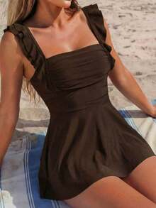 Swim Lushoire Traje de baño de una pieza con escote cuadrado y volantes en un solo color, con pantalones cortos del mismo unicolor para mujer - Café integral - Ver 3