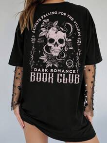 NostaNoir 女款休閒寬鬆 T-shirt，印有標語與骷髏圖案，街頭風，適合夏季與萬聖節 - 黑色 - 查看 11