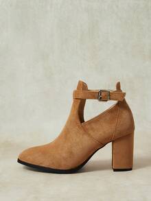 Styleloop Women Shoes Autumn And Winter Suede Metal Buckle Round Toe Thick Heel Ankle Boots Simple Commuter Style Workplace Daily Wear Fall Shoes - Khaki - View 3
