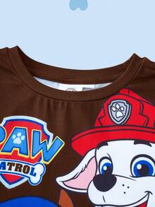 SHEIN | PAW Patrol 小男孩圓領卡通印花短袖T恤與短褲休閒日常套裝 - 棕色 - 查看 7