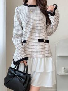 FRIFUL Women's Vintage Jacquard Button Contrast Color Ruffle Multi-Layer Hem Dress - White - View 4