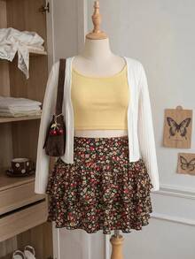 Comfortcana Plus Size Women's Casual Ditsy Floral Multi-Layer Skirt - Multicolor - View 7