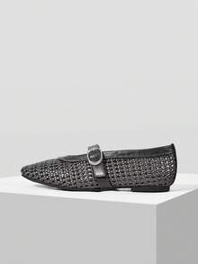 MOTF PREMIUM SPRING AND SUMMER NEW FRENCH FASHION RETRO HOLLOW WOVEN FISHING NET SHOES WOMEN'S BALLET SHOES SQUARE TOE FLAT MARY JANE SHOES LIGHT AND COMFORTABLE - Ink ash - View 3