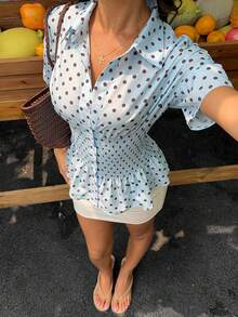 SHEIN EZwear 女士波点褶皱腰短袖衬衫 - 淺藍色 - 查看 5
