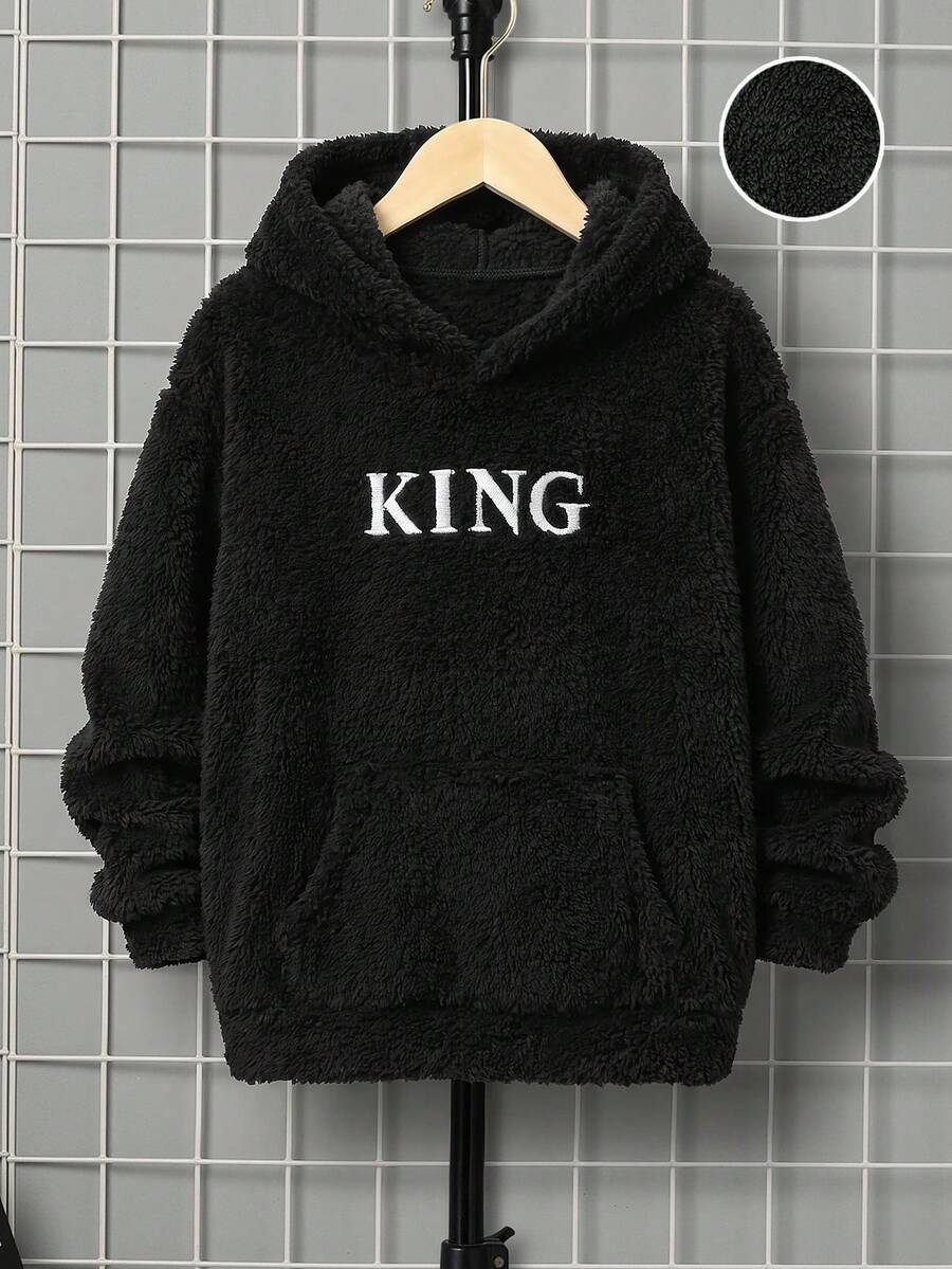 SHEIN Kids Tween Streetwear Embroidered Double-Sided Fleece Hooded Pullover Sweatshirt In Fall/Winter Back-To-School School Black And White Birthday