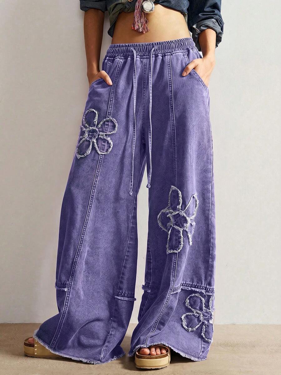 Bohemela Casual Solid Color Woven Denim Loose Wide Leg Washed Women's Long Pants - Dusty Purple - View 1