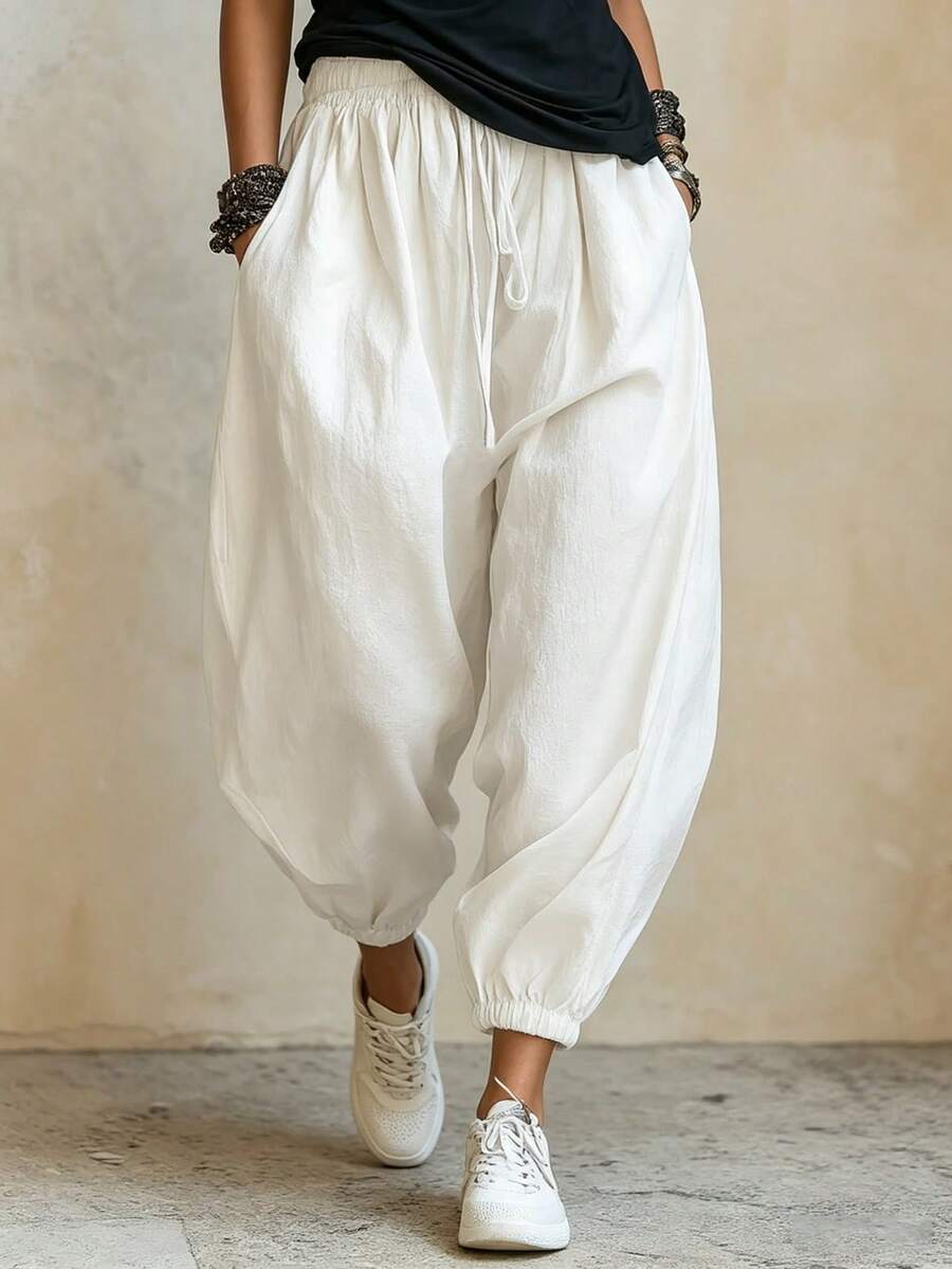SHEIN Women's White Casual Boho Lantern Pants, Long Pants For Autumn Commute Vacation