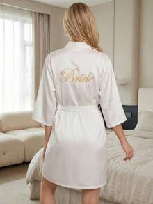 Cirelle 1pc Satin Bride Robe With Gold Embroidery - Soft Silk Kimono Bridal Robe For Women - Short White Bathrobe Loungewear For Wedding Day, Bridal Party & Getting Ready - White - View 3
