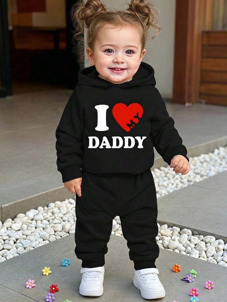 2 pezzi Set Felpa con cappuccio e pantaloni per bambina, con stampa di lettere e arcobaleno, abbigliamento casual e caldo per autunno/inverno - nero - Visualizzare 1