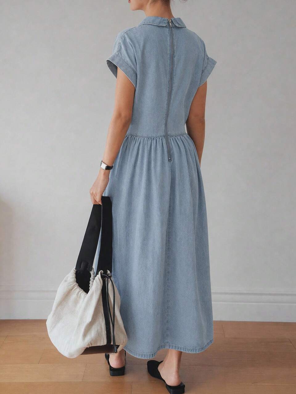 Women's Cotton V-Neck Collared Short Sleeve Light Blue Solid Color Ruched Waist Flared Hem Denim Dress Brunch Vacation Autumn Casual