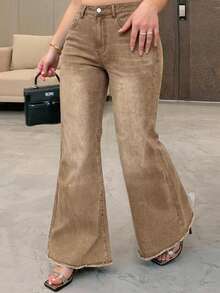 Dazy Plus Elastic Washed Distressed Wrap Flare Long Girls Denim Jeans All Season - Khaki - View 1