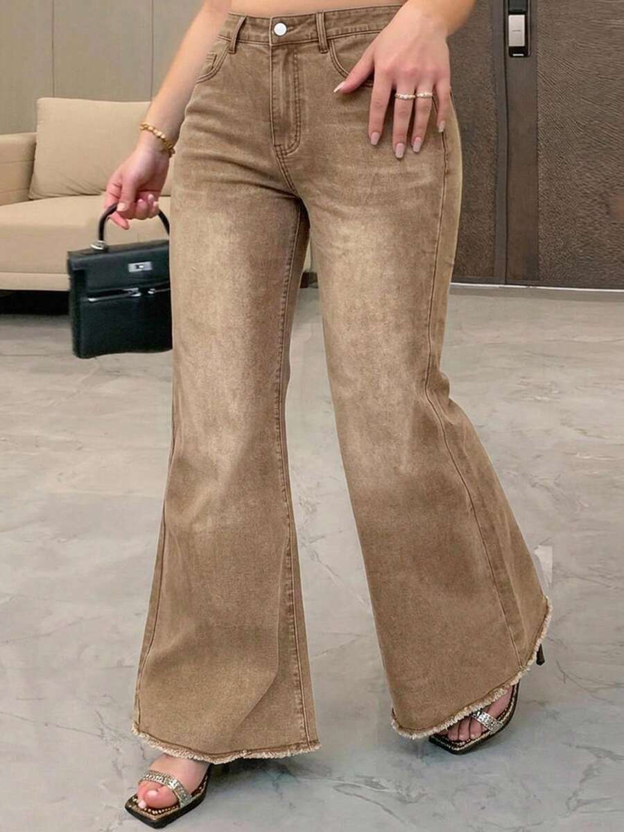 Dazy Plus Elastic Washed Distressed Wrap Flare Long Girls Denim Jeans All Season - Khaki - View 1