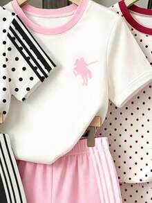 1 Set Random Girls Fresh Fashion Polka Dot Puppy Bow Pattern Basic Short T-Shirt And Shorts Set - Multicolor - View 4