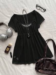 Attitoon Women's Casual Retro Babydoll Short Sleeve T-Shirt, Y2K Style, Summer - Black - View 3