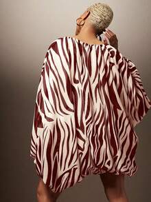 Vixey Zebra Print Chiffon Oversized Batwing Bubble Hem Dress With Lining, Bold Color Party Dress, Summer/Fall - Burgundy - View 5