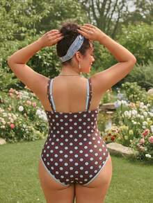 Swim Mod Baju Renang Wanita Model One-Piece Ukuran Plus Musim Semi/Panas Terbaru 2026 Motif Polkadot Acak, Leher Bulat Lebar, Desain Cincin Putih di Bagian Tengah Depan, Tali Bahu Dua Warna yang Dapat Dilepas, Cocok untuk Liburan di Pantai - MultiWarna - View 2