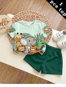 Young Boy Short Sleeve T-Shirt Casual Minimalist Suitable For Summer, Classic Cute Hand-Drawn Animal Pattern Print, Cute Cartoon Giraffe, Elephant, Crocodile, Lion, Animal Pattern Print, Suitable For Autumn/Winter - Multicolor - View 3