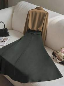 Franclia 2 件套女士优雅闪亮面料上衣和褶皱中长裙套装，适合分层穿着或单独穿着，秋冬 - 彩色 - 查看 2