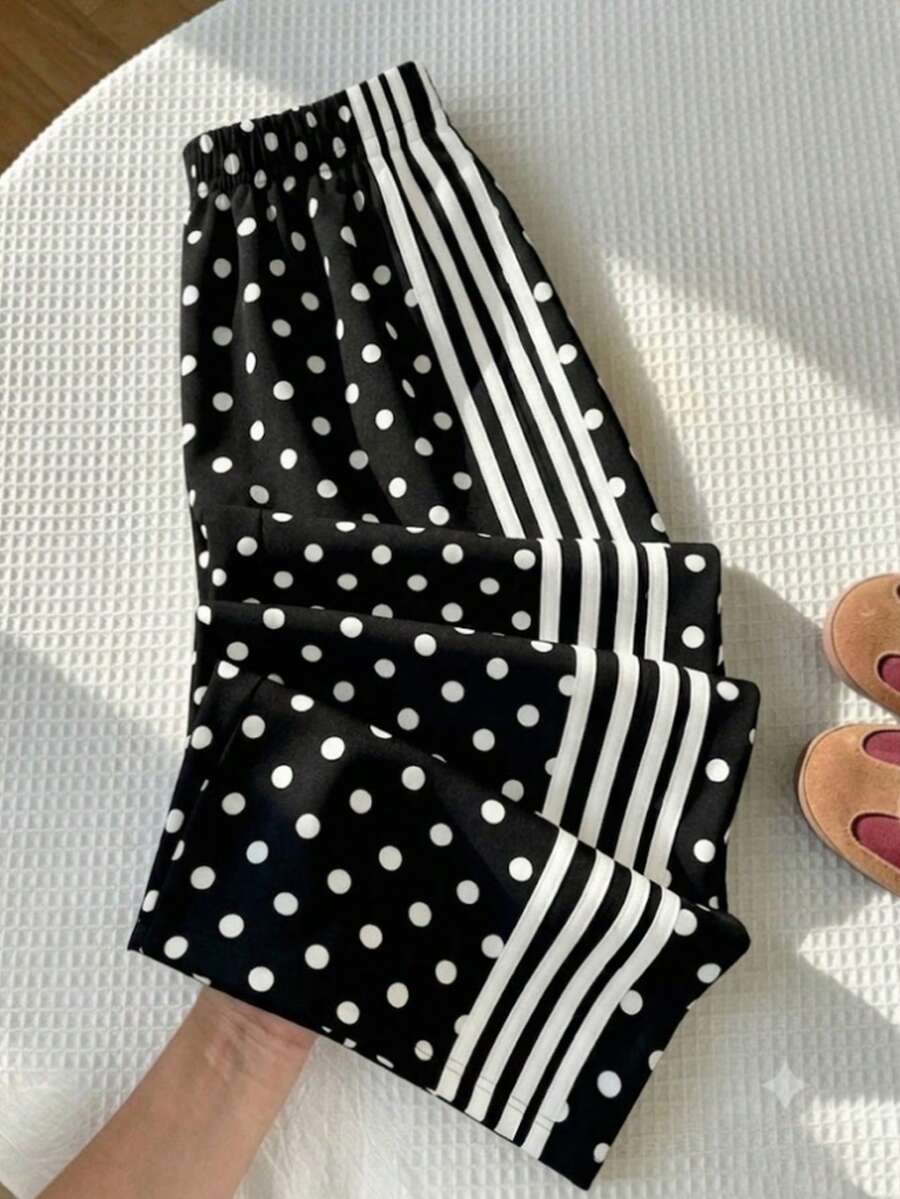 SHEIN 女童高腰抽繩下擺波點休閒長褲 - 黑色 - 查看 1