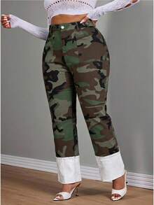 Jeanoix Cowgirl Plus Size Women's Autumn Camouflage Stretch Slim Straight Leg Cuffed Jeans , Fall - Multicolor - View 3