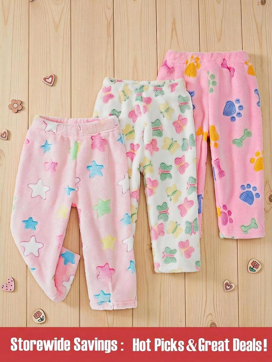 SHEIN 3件組女嬰絨毛爪印、星星、小狗小貓圖案保暖內裡長褲,適合戶外,秋冬穿著,粉色、白色、淡粉色 - 彩色 - 查看 1