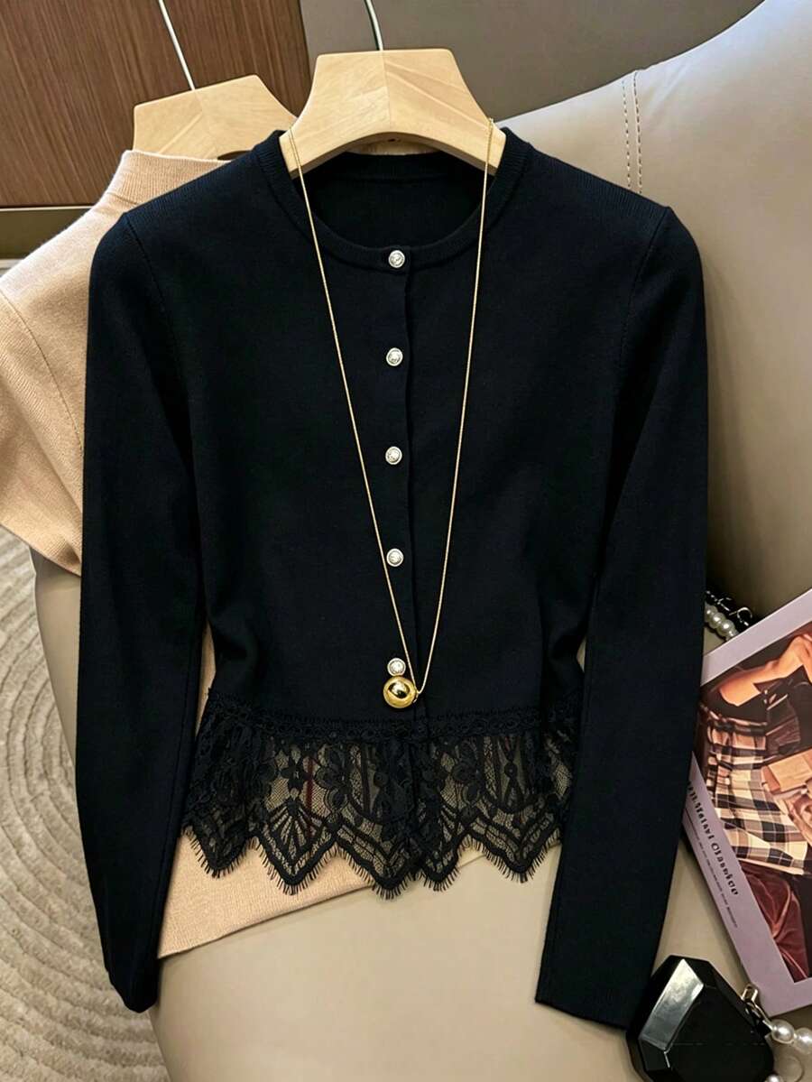 SHEIN Franclia 女款圓領單排扣蕾絲拼接休閒百搭日常穿搭開襟衫