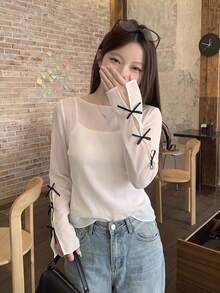 Bijouette 大尺碼女款時尚休閒優雅浪漫度假日常極簡圓領半透網紗上衣 - 白色 - 查看 13