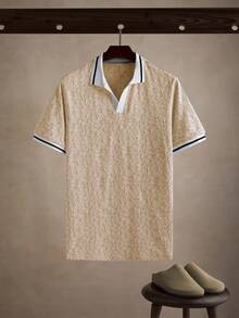Manfinity Homme Men's Blue Geometric Textured V-Neck Contrast Trim Polo Shirt - Khaki - View 5