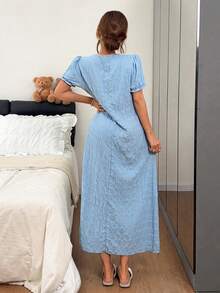 Napfluff Contrast Trim Front Tie Neck Jacquard Short Sleeve Loose Fit Women's Nightgown - Blue - View 2