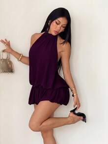 SHEIN PETITE 女款立領無袖荷葉邊下擺寬鬆上衣 - 紫色 - 查看 7
