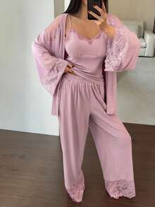 DAZY Bộ đồ ngủ nữ 3 món gồm áo choàng, áo hai dây và quần chắp vá ren, trang phục mùa thu và mùa đông - Màu tím hoa cà - Xem 5