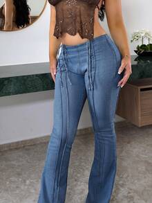 Vassilux Women's Drawstring Waist Flared Casual Versatile Denim Jeans Fall - Medium Wash - View 4