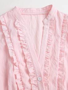Sweetra French Romantic Elegant Girl Style Soft Light Pink Textured Ruffle Waist Blouse, V-Neck Puff Sleeve Design, Daily Fashion Brunch Tea Party Summer - Pink - View 5