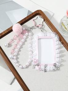 ROMWE Anime 1 Korean Temperament Sweet Pink And White Acrylic Butterfly Faux Pearl Lace Bow Rhinestone Gradient Star DIY Keychain Bag Pendant, Holiday Gift - Pink-21 - View 9