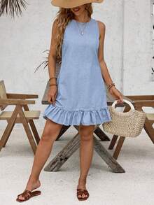 SHEIN LUNE Plus Size Summer Casual Ruffle Hem Denim Dress - Blue - View 8