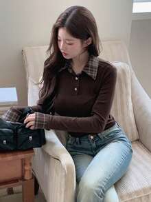 DAZY Kaos Lengan Panjang Wanita Berkerah Motif Kotak-kotak Gaya Korea untuk Musim Gugur - Coffee Brown - View 4
