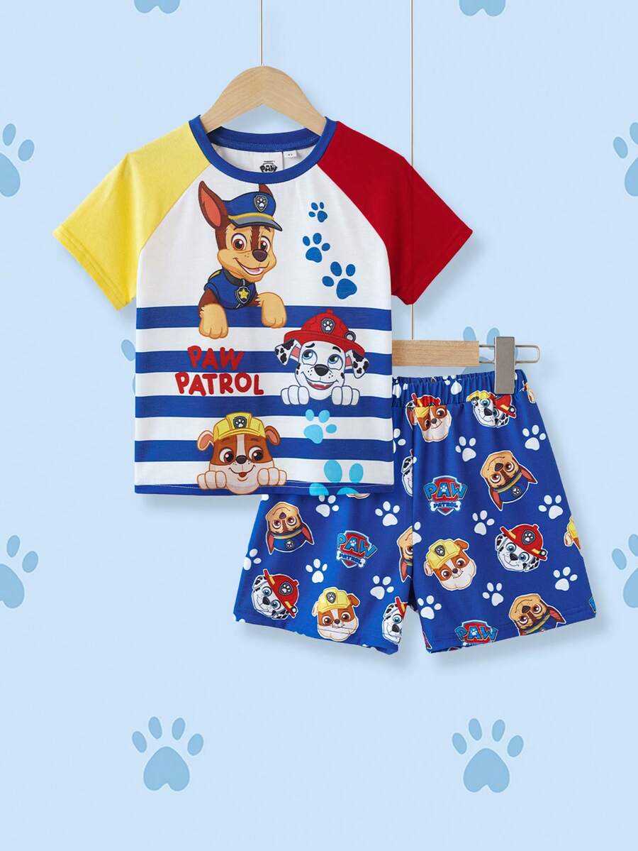 SHEIN | PAW Patrol 2pcs/Set Young Boy Crew Neck Letter & Cartoon Print Color Block Short Sleeve T-Shirt And Shorts Casual Daily Outfit - Multicolor - View 1