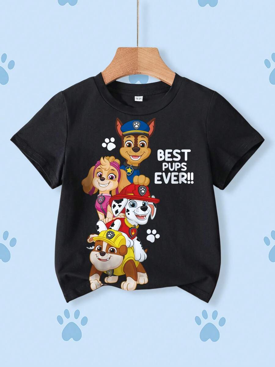 SHEIN | PAW Patrol 小男孩字母与卡通图案圆领短袖T恤 - 白色 - 查看 1