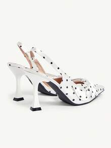 CUCCOO CHICEST 9CM尖頭女款高跟鞋，可愛大蝴蝶結側鏤空黑白波點設計，優雅細高跟，適合日常通勤、約會、派對與宴會 - 波點白色 - 查看 4