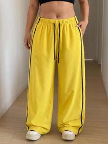 Maweii Plus Size Women's Drawstring Waist Colorblock Casual Versatile Everyday Travel Long Pants Fall - Yellow - View 1