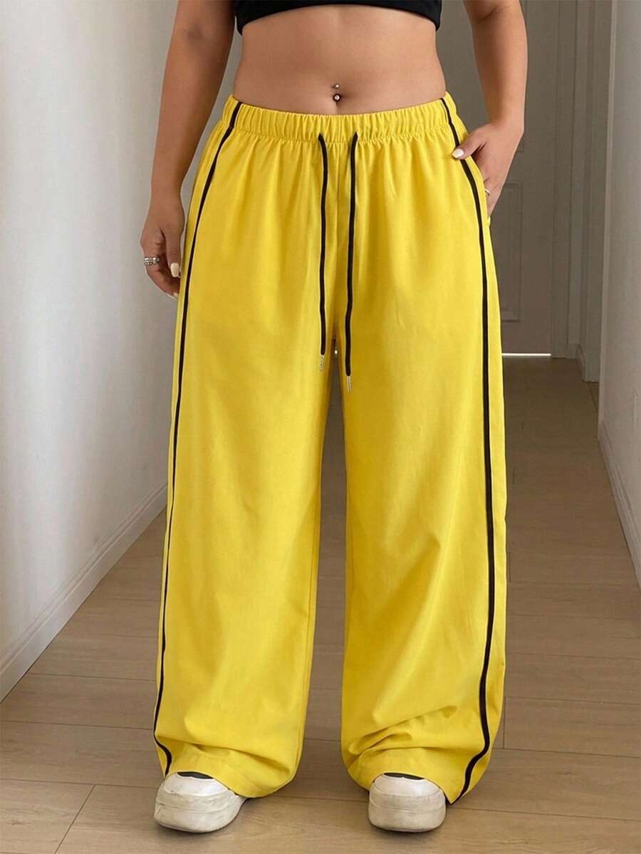 Maweii Plus Size Women's Drawstring Waist Colorblock Casual Versatile Everyday Travel Long Pants Fall - Yellow - View 1